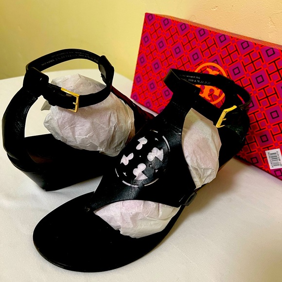 Tory burch Zoey Women’s 9.5 Black Leather Ankle Strap Wedge Sandals - Picture 1 of 10